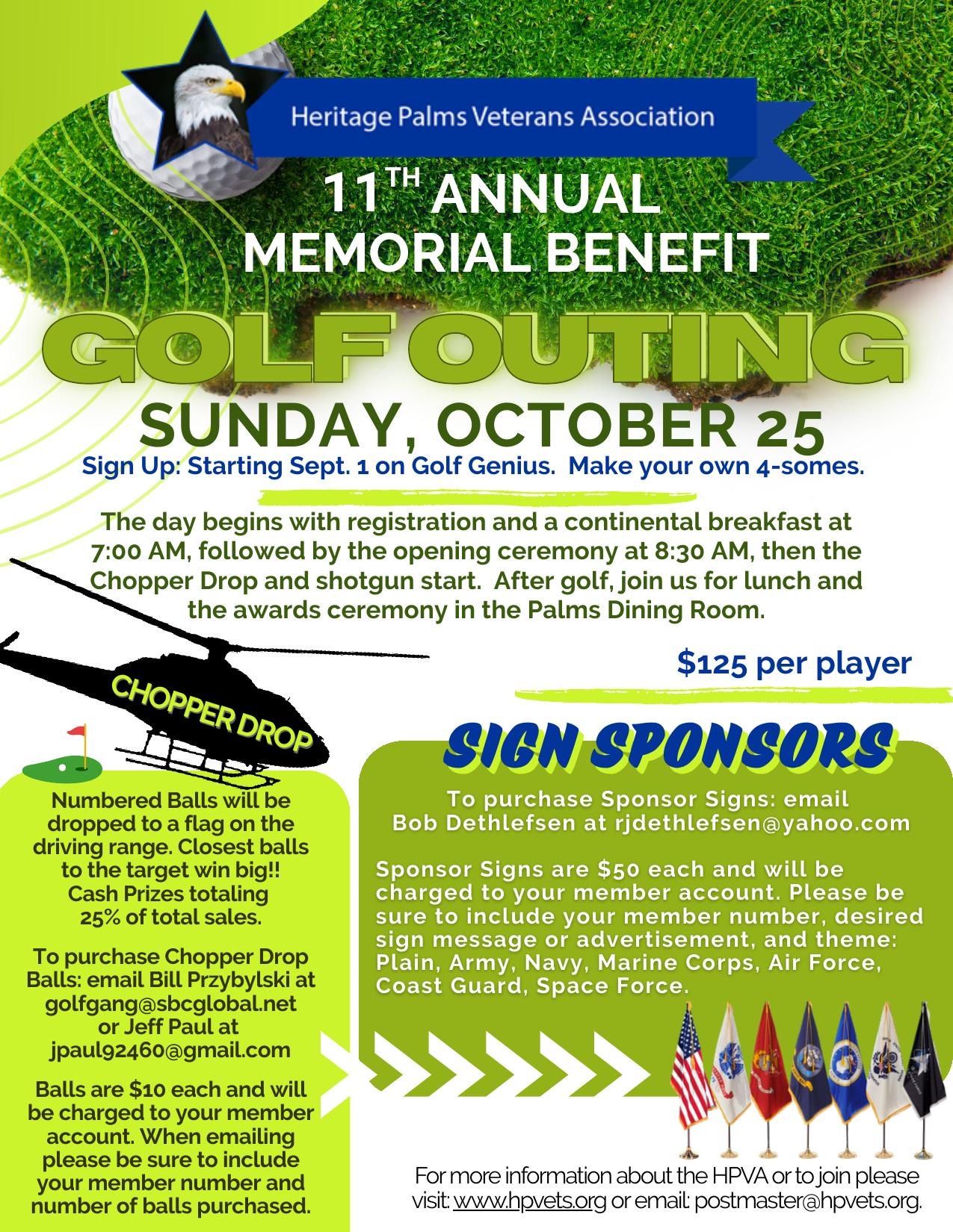 Flyer for the HPVA 11th Annual Memorial Benefit Golf Outing on October 25