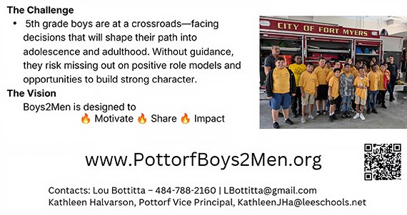 Boys2Men flyer describing the challenge, vision and contacts for mentors