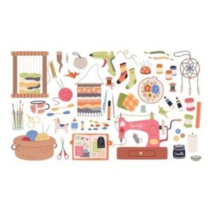 Illustration of craft supplies including yarn, sewing machine and paint brushes