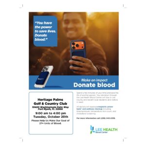 Lee Health Blood Center flyer for the October 20 Heritage Palms blood drive