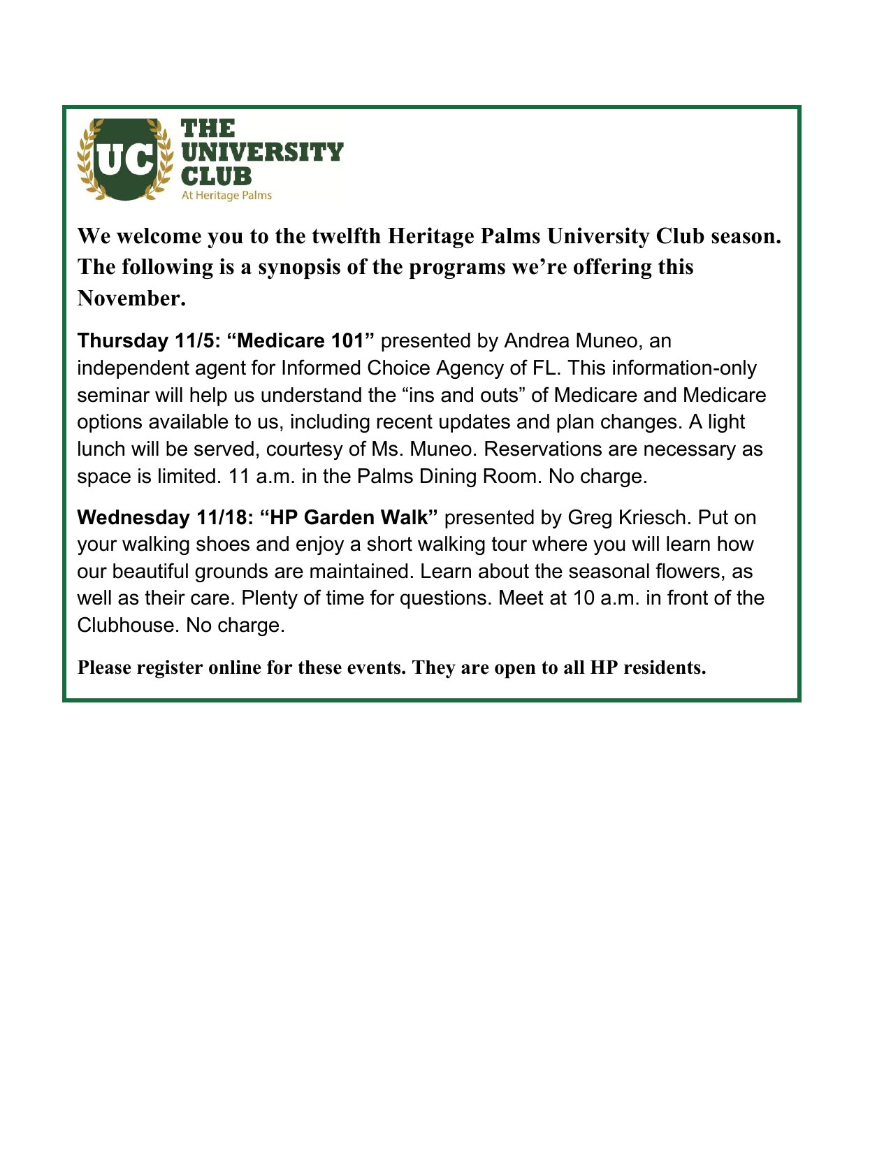 University Club flyer listing November programs at Heritage Palms