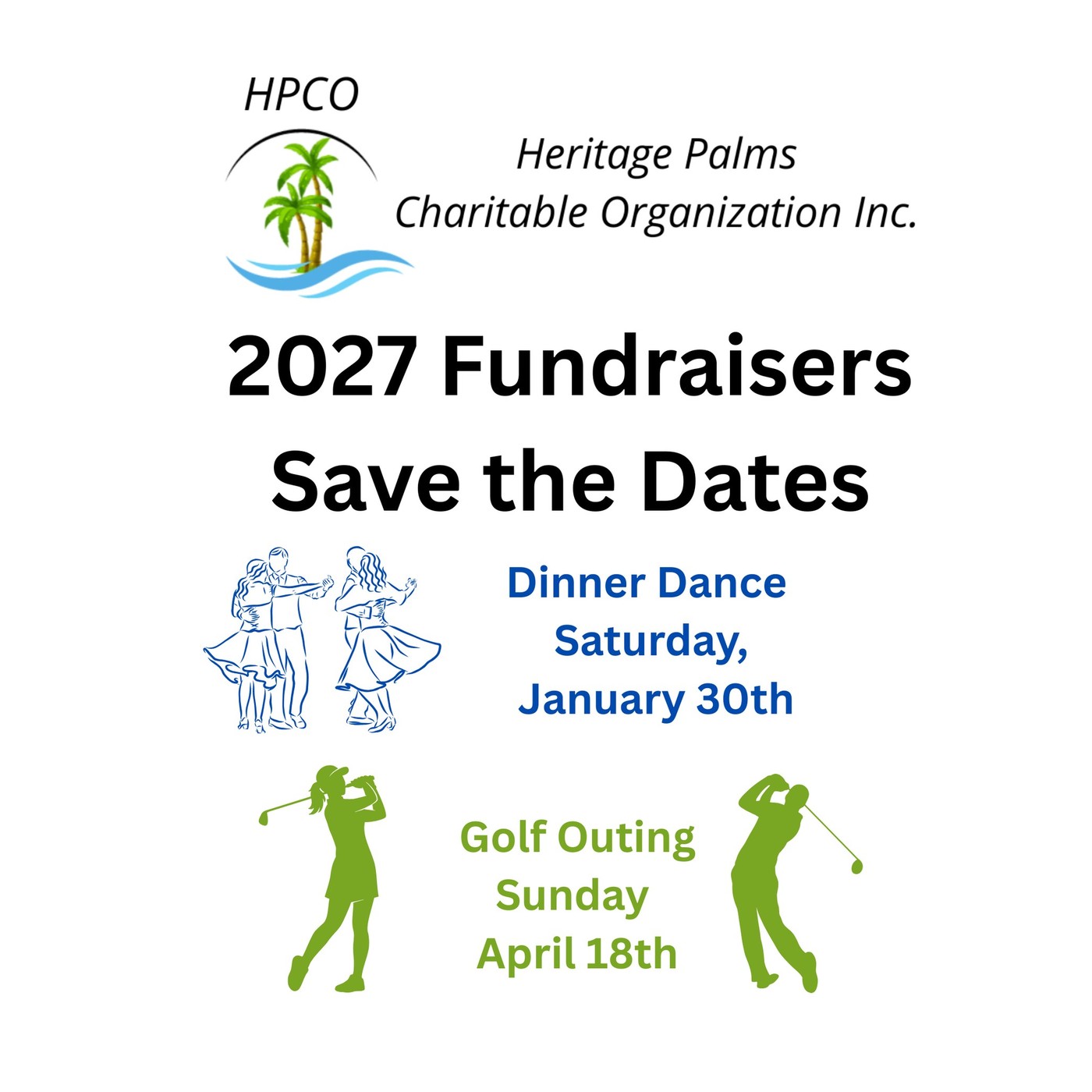 HPCO 2027 fundraisers flyer listing the dinner dance and golf outing