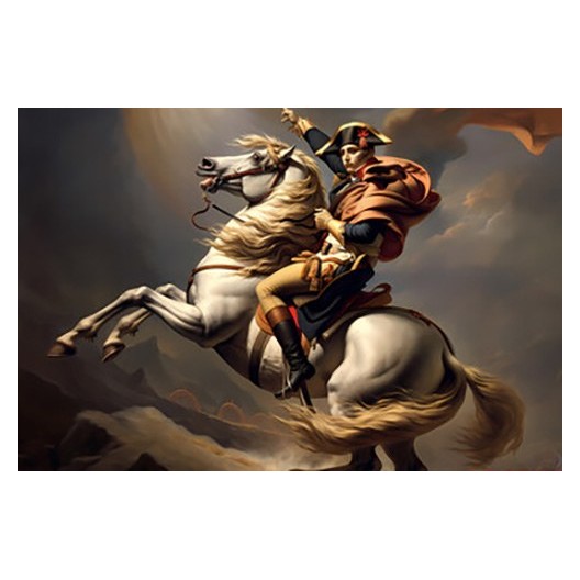 Painting of Napoleon Bonaparte on a rearing horse crossing the Alps
