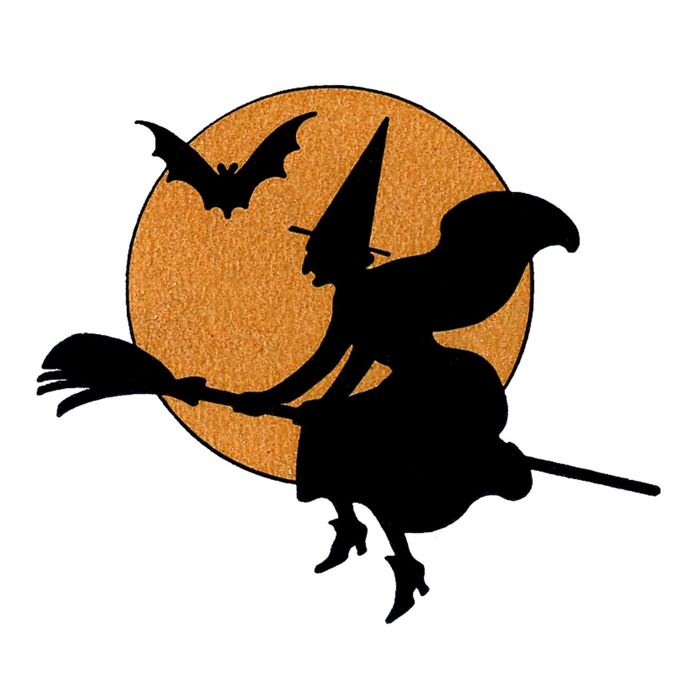 Silhouette of a witch flying past a full orange moon with a bat