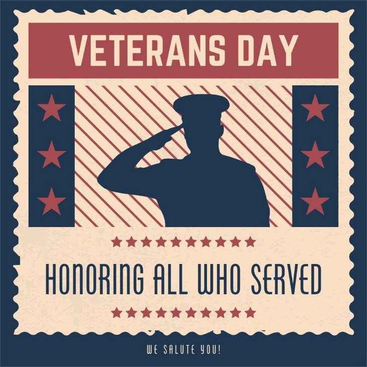 Veterans Day graphic with a saluting soldier and Honoring All Who Served