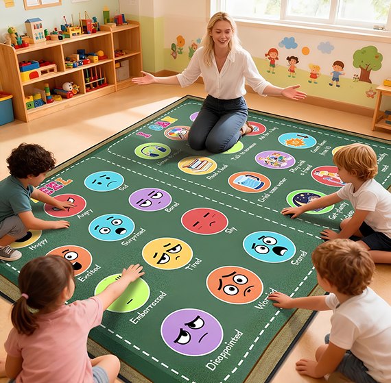 Teacher and young children around a classroom rug printed with feelings faces