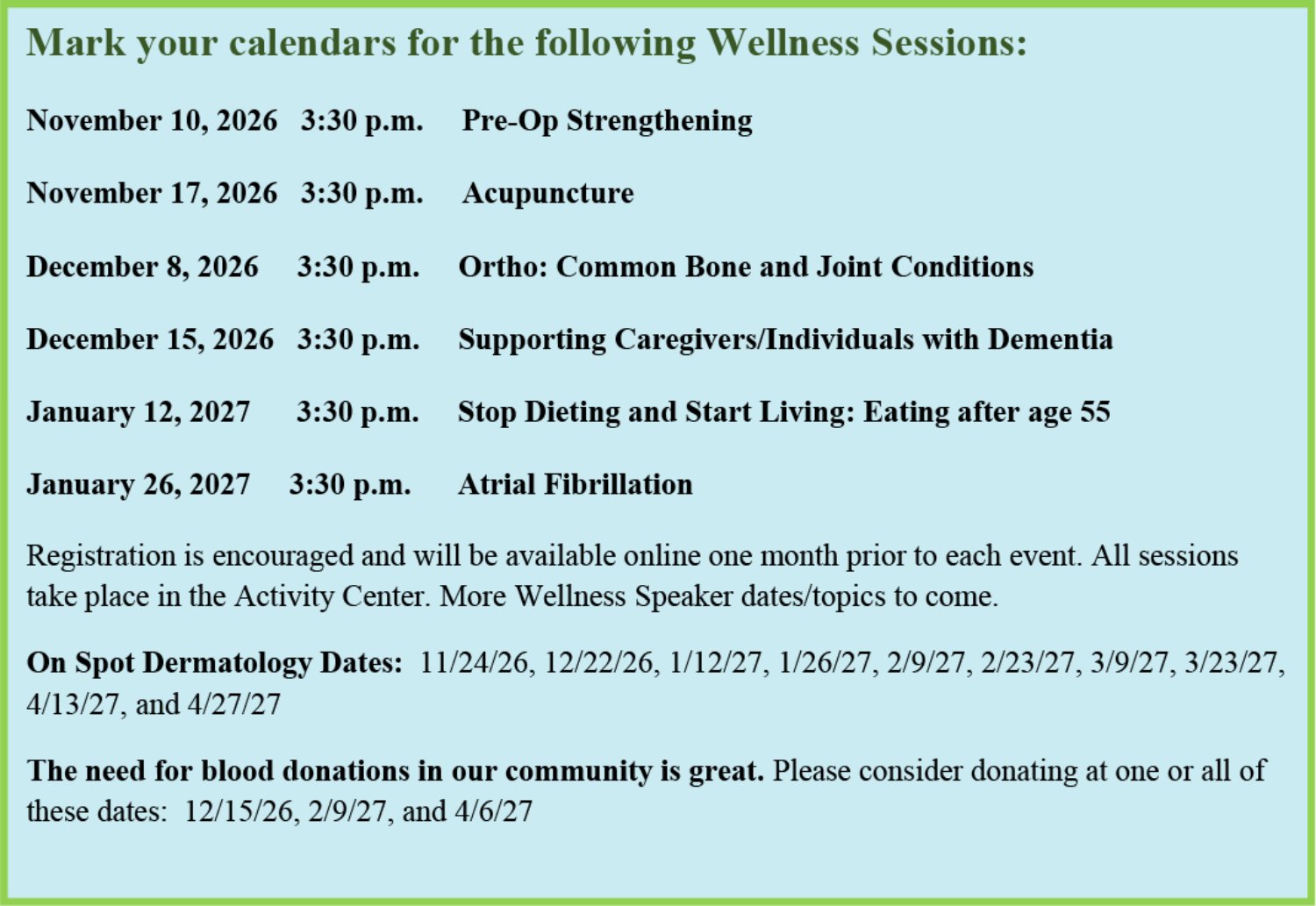 Flyer listing Heritage Palms wellness sessions from November 2026 to January 2027