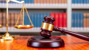 Wooden judge's gavel and scales of justice in front of law books