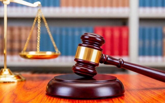 Wooden judge's gavel and scales of justice in front of law books