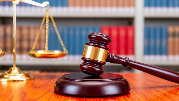 Wooden judge's gavel and scales of justice in front of law books
