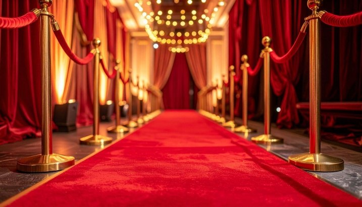 Red carpet between velvet ropes under a chandelier