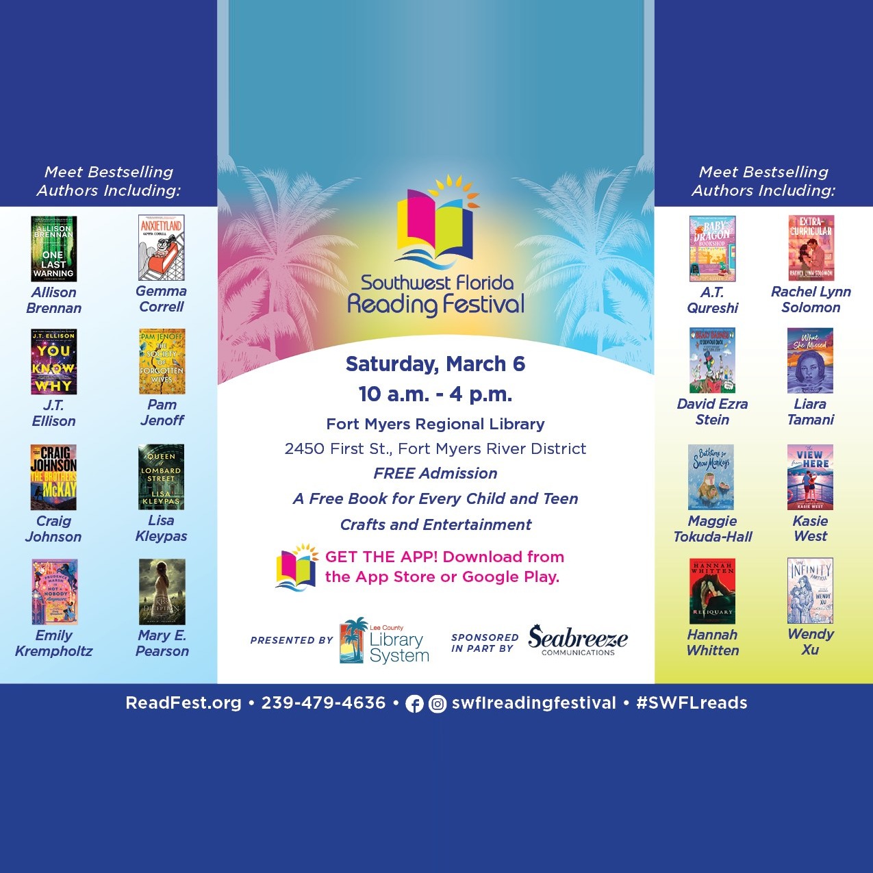 Southwest Florida Reading Festival flyer for Saturday, March 6 at the Fort Myers Regional Library